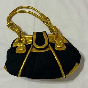 Loeffler Randall Black Canvas Metallic Gold Leather Trim Pleat Hobo Shoulder Bag
